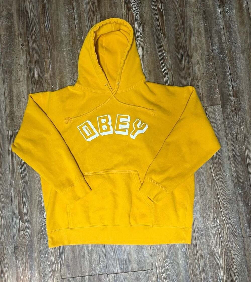 Obey Hoodie Size XL Yellow Logo Pullover Sweatshirt